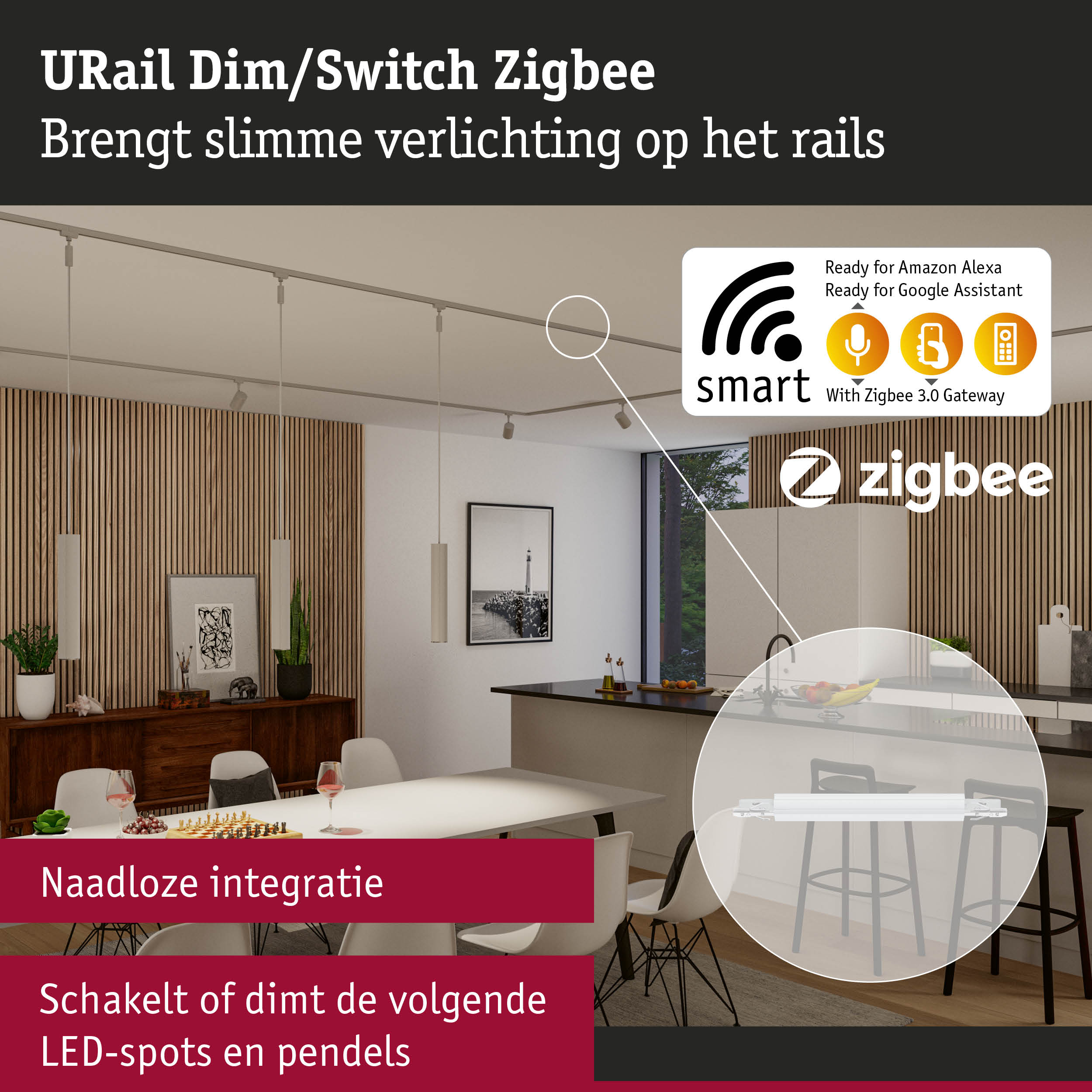 Moderne keuken met slimme URail Zigbee dimmer en schakelaar voor LED-spots en pendels