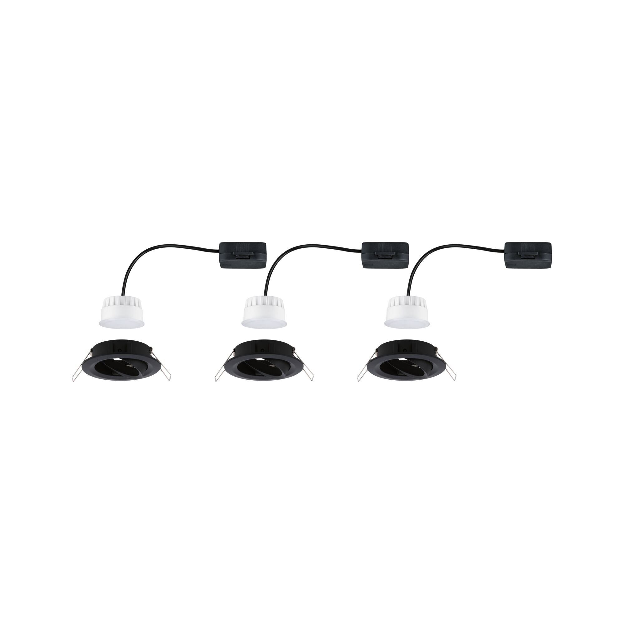 Drei schwarze Einbaustrahler mit weißen LED-Treibern und Kabeln für moderne Innenbeleuchtung.