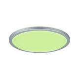 Round LED ceiling light with silver aluminum frame and green light for modern interiors