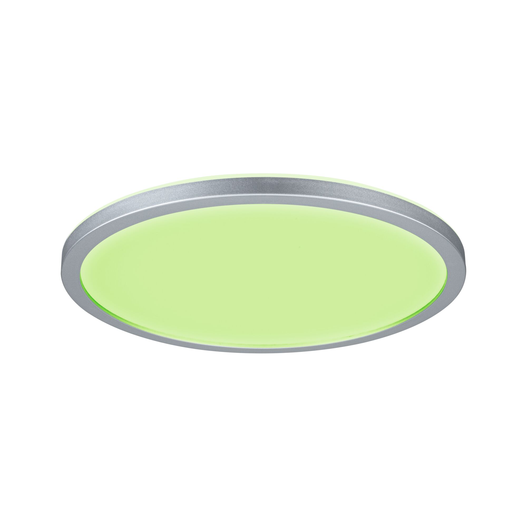 Runde LED-Deckenleuchte mit silbernem Aluminiumrahmen und grünem Licht für moderne Wohnräume