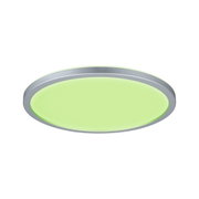 Runde LED-Deckenleuchte mit silbernem Aluminiumrahmen und grünem Licht für moderne Wohnräume