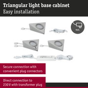 Triangular silver metal LED under-cabinet lights with transformer and plug connectors for easy installation