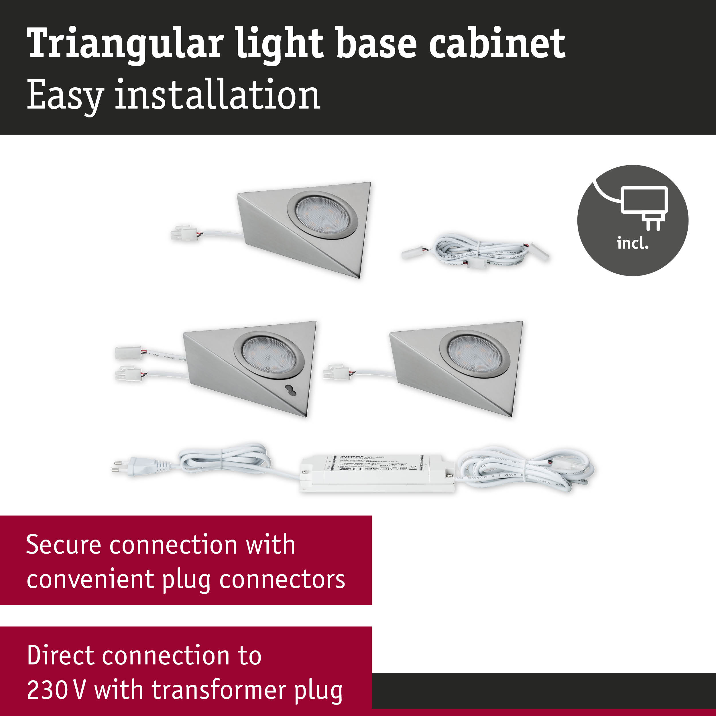 Triangular silver metal LED under-cabinet lights with transformer and plug connectors for easy installation