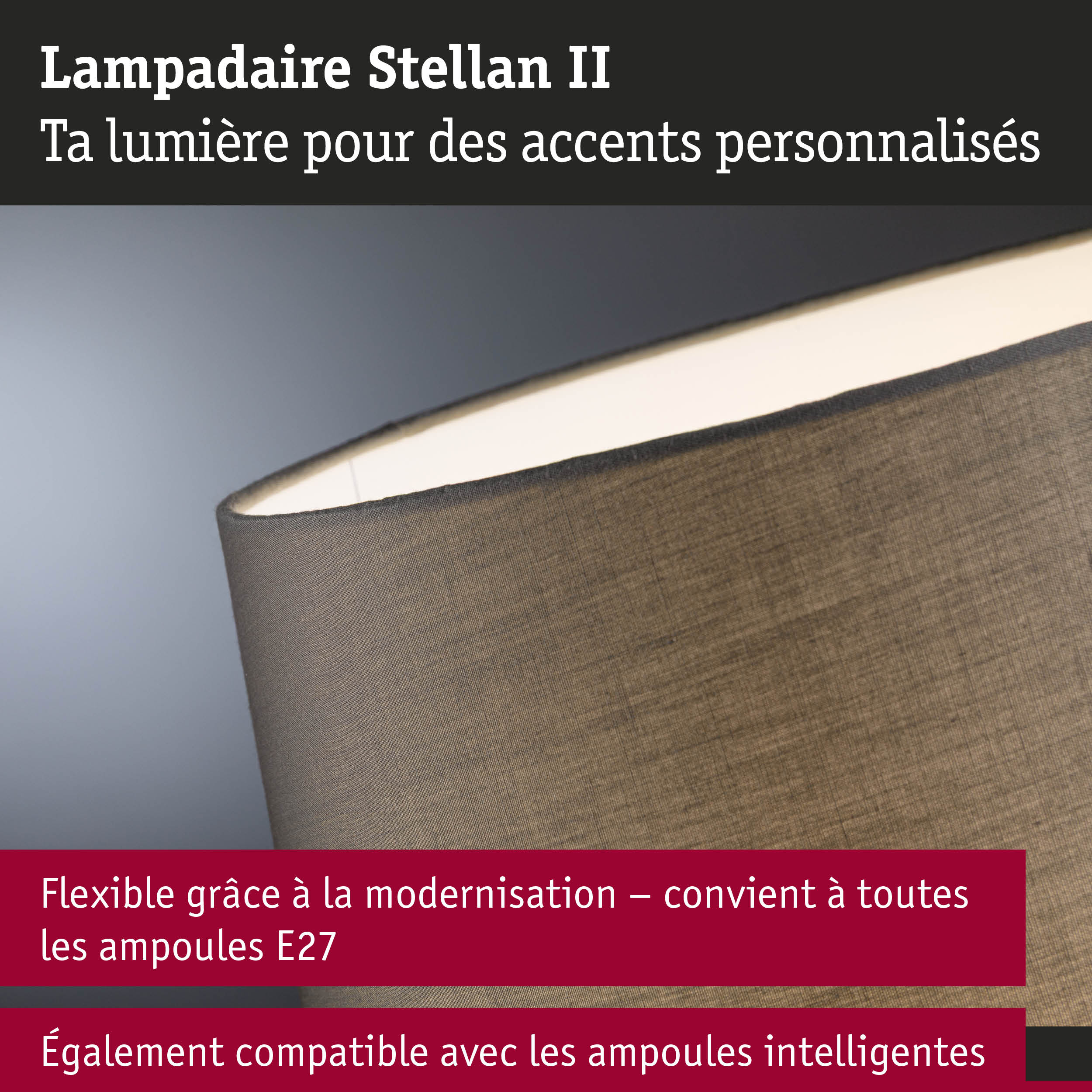 Lampadaire Stellan II avec abat-jour en tissu marron et douille E27 compatible ampoules LED