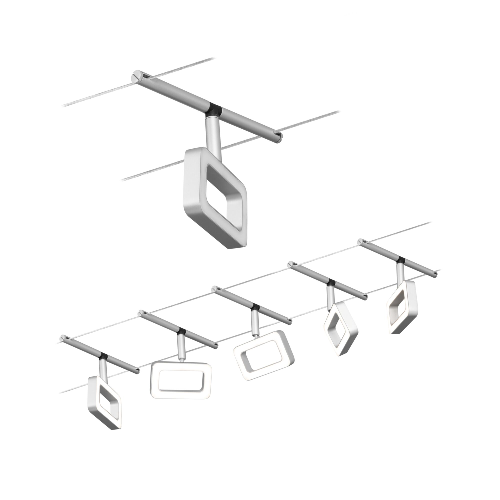CorDuo LED Seilsystem Frame Basisset 5x280lm 5x4,8W 3000K 230/12V Chrom matt/Chrom Moderne LED-Seilstrahler mit silbernem Aluminiumgehäuse und variablen rechteckigen Leuchtelementen für Wohnräume
