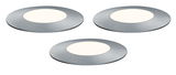 Three round LED recessed lights in brushed silver aluminum with warm white illumination.