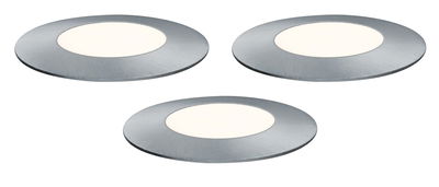 Three round LED recessed lights in brushed silver aluminum with warm white illumination.