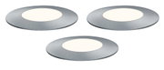 Three round LED recessed lights in brushed silver aluminum with warm white illumination.
