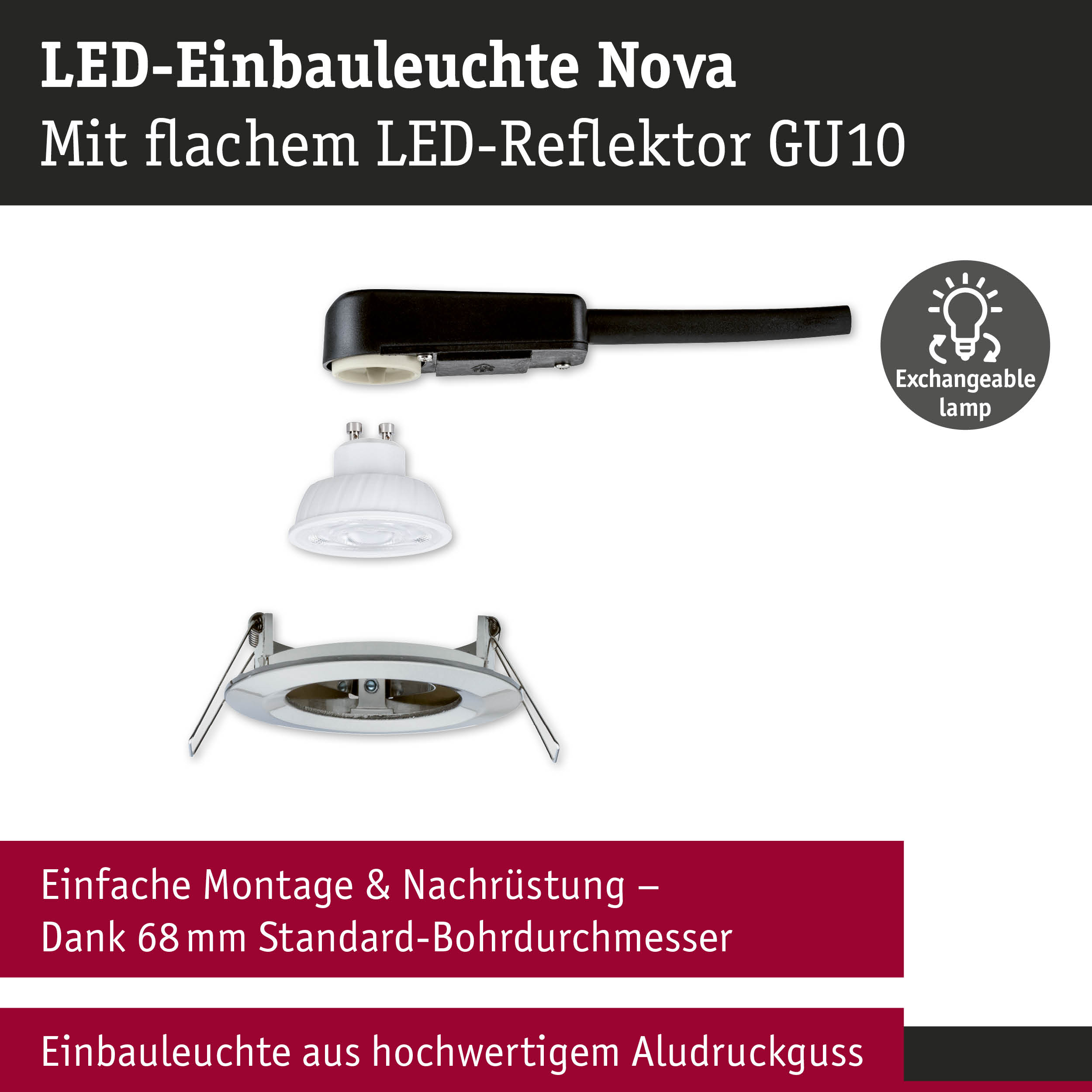LED-Einbauleuchte Nova mit flachem GU10 LED-Reflektor und Aludruckguss in Weiß für einfache Montage