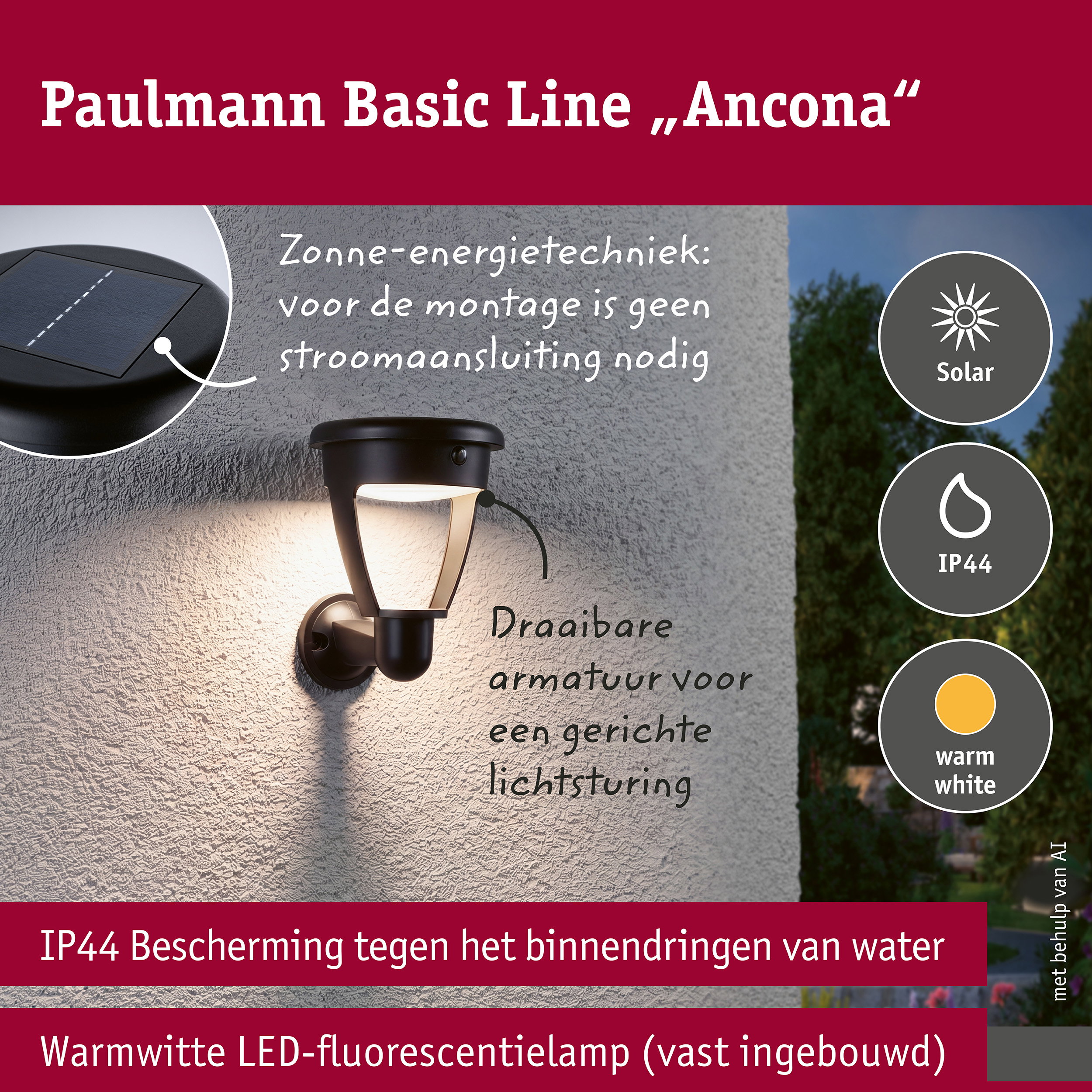 Solar LED-wandarmatuur voor buiten Ancona IP44 rond 140x188mm 3000K 4,2W 300lm 3,7V Zwart