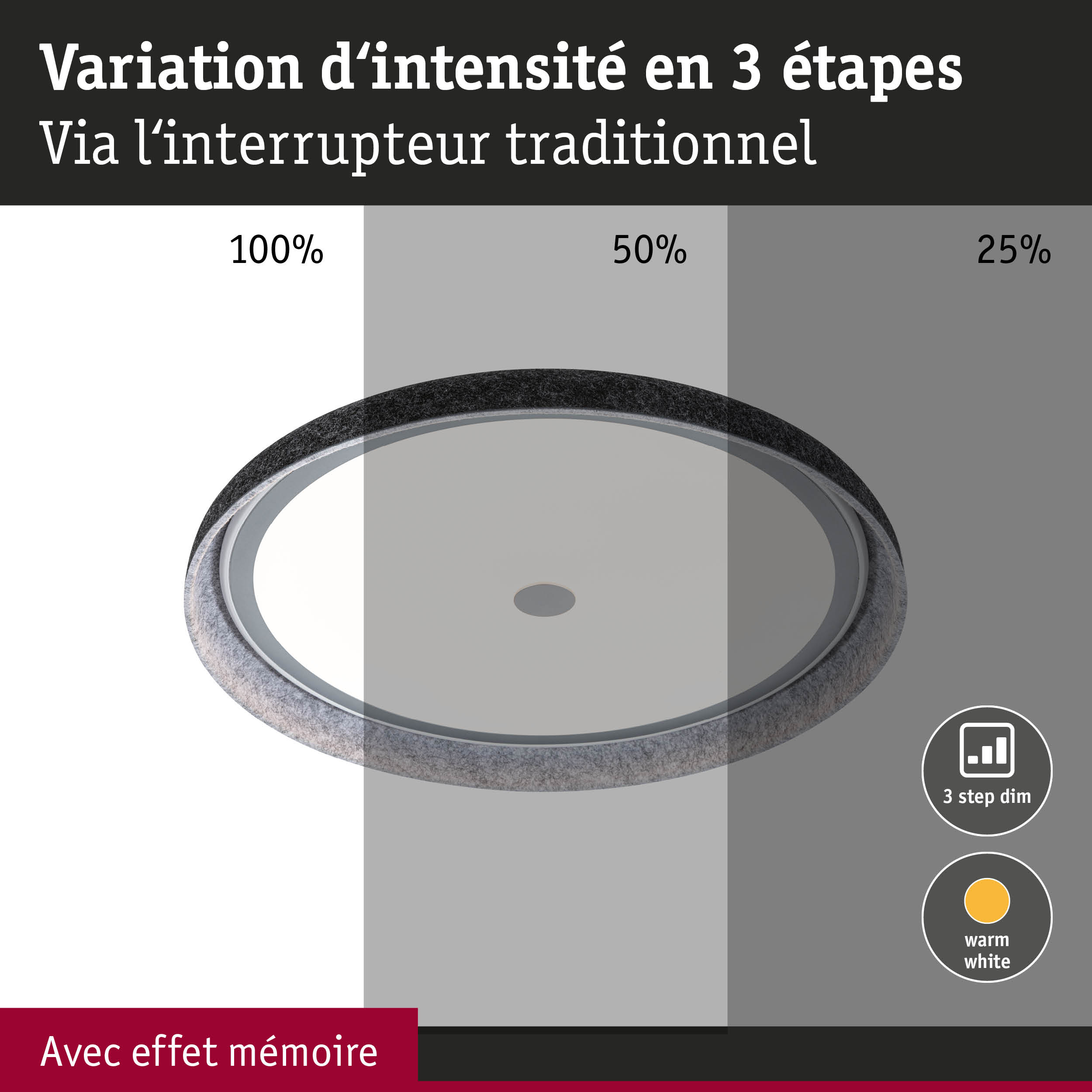 Plafonnier LED rond avec variation d'intensité en 3 étapes et lumière blanc chaud pour intérieur