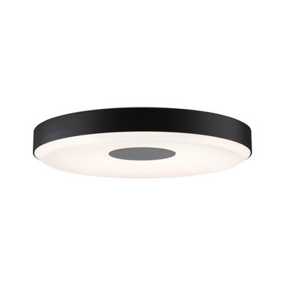 Round ceiling light with black metal frame and white diffuser, modern LED indoor lighting