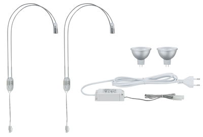 Set met twee flexibele LED-lampenarmen, twee zilveren GU5.3 LED-lampen en witte stroomkabel