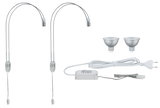 Set with two flexible LED lamp arms, two silver GU5.3 LED bulbs, and white power cable for lighting