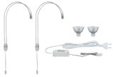 Ensemble avec deux bras de lampe LED flexibles, deux ampoules LED GU5.3 argentées et câble d'alimentation blanc
