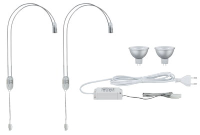 Ensemble avec deux bras de lampe LED flexibles, deux ampoules LED GU5.3 argentées et câble d'alimentation blanc