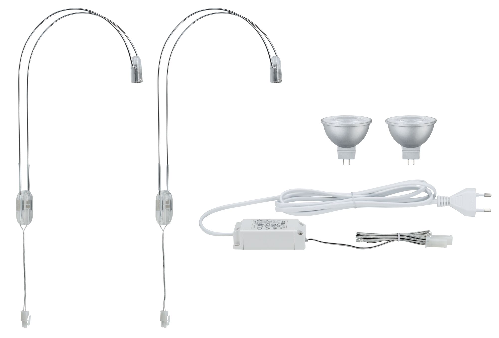 Set mit zwei flexiblen LED-Lampenarmen, zwei silbernen GU5.3 LED-Leuchtmitteln und weißem Netzteilkabel