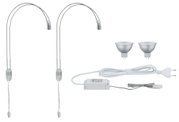Set met twee flexibele LED-lampenarmen, twee zilveren GU5.3 LED-lampen en witte stroomkabel