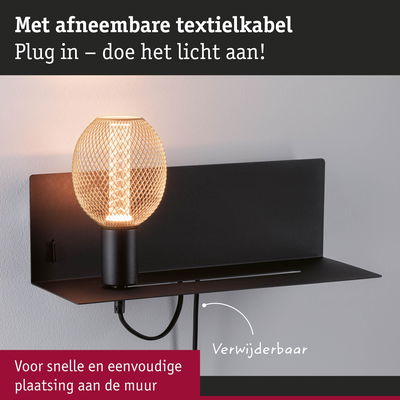 Moderne zwarte wandlamp met afneembaar textielkabel en warm licht voor eenvoudige montage