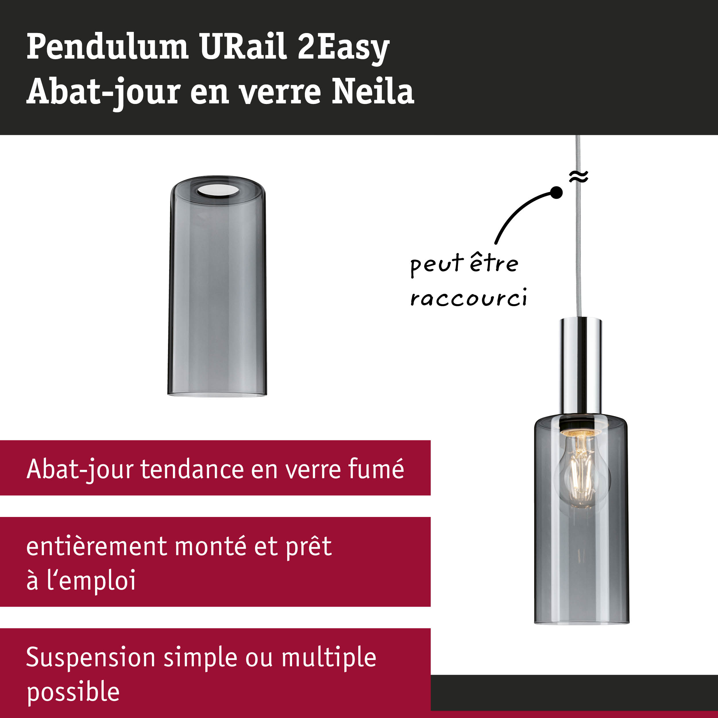 Suspension URail 2Easy avec abat-jour en verre fumé et support métallique pour éclairage intérieur moderne