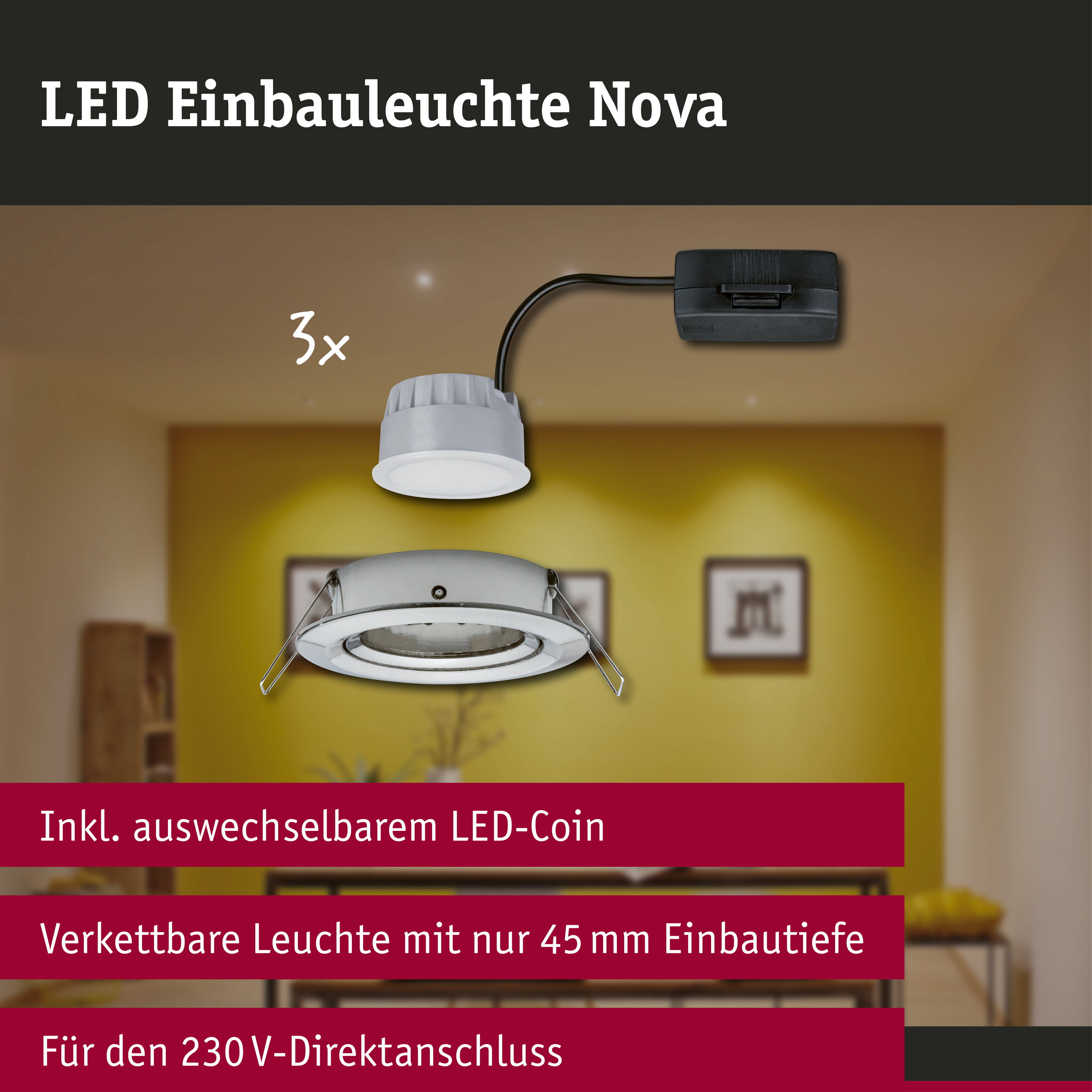 LED Einbauleuchte 3-Step-Dim Nova Coin 3-Step-Dim Basisset schwenkbar rund 84mm 50° Coin 3x6W 3x470lm 230V dimmbar 2700K Eisen gebürstet