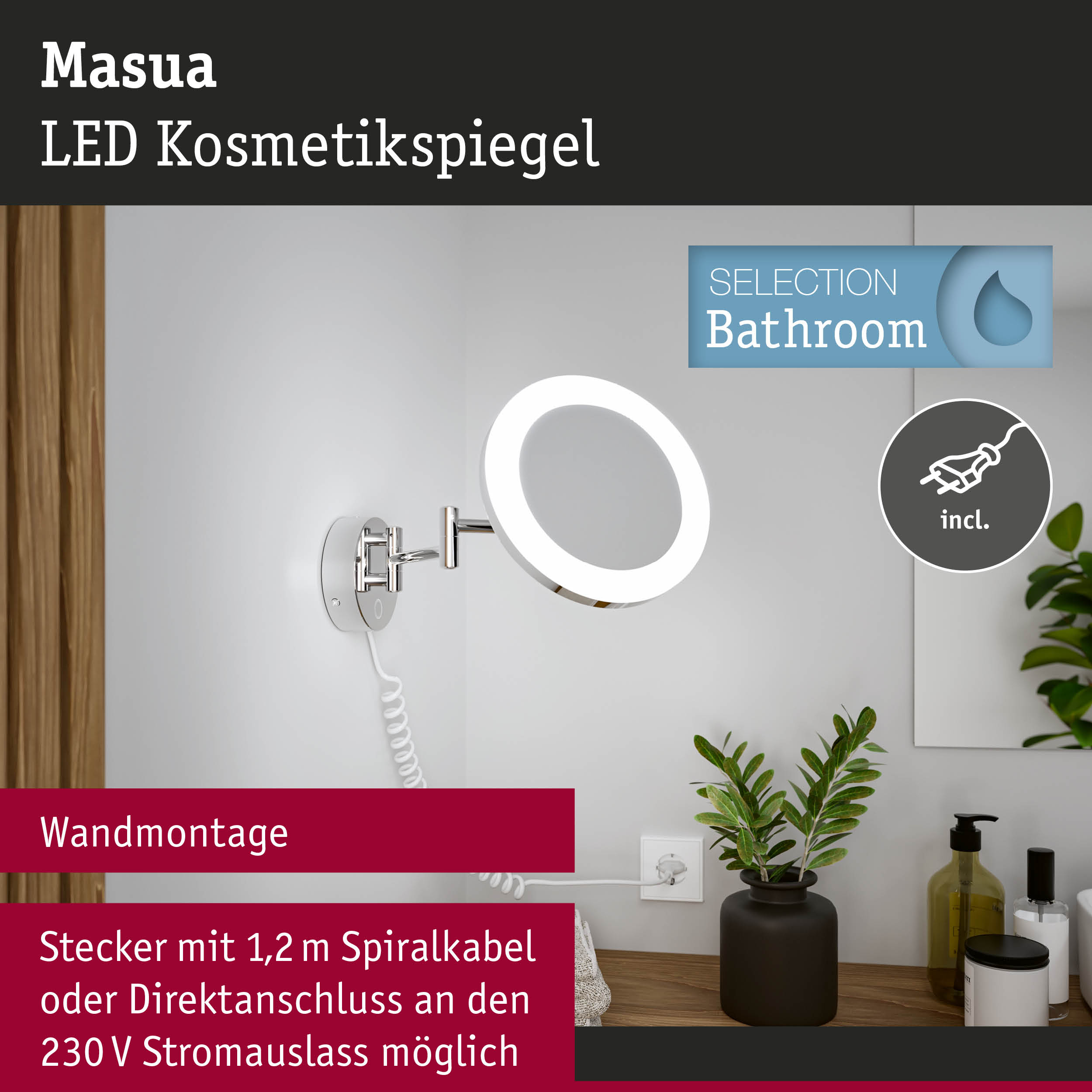 Masua LED Kosmetikspiegel mit Wandmontage und 1,2 m Spiralkabel für Badezimmerbeleuchtung