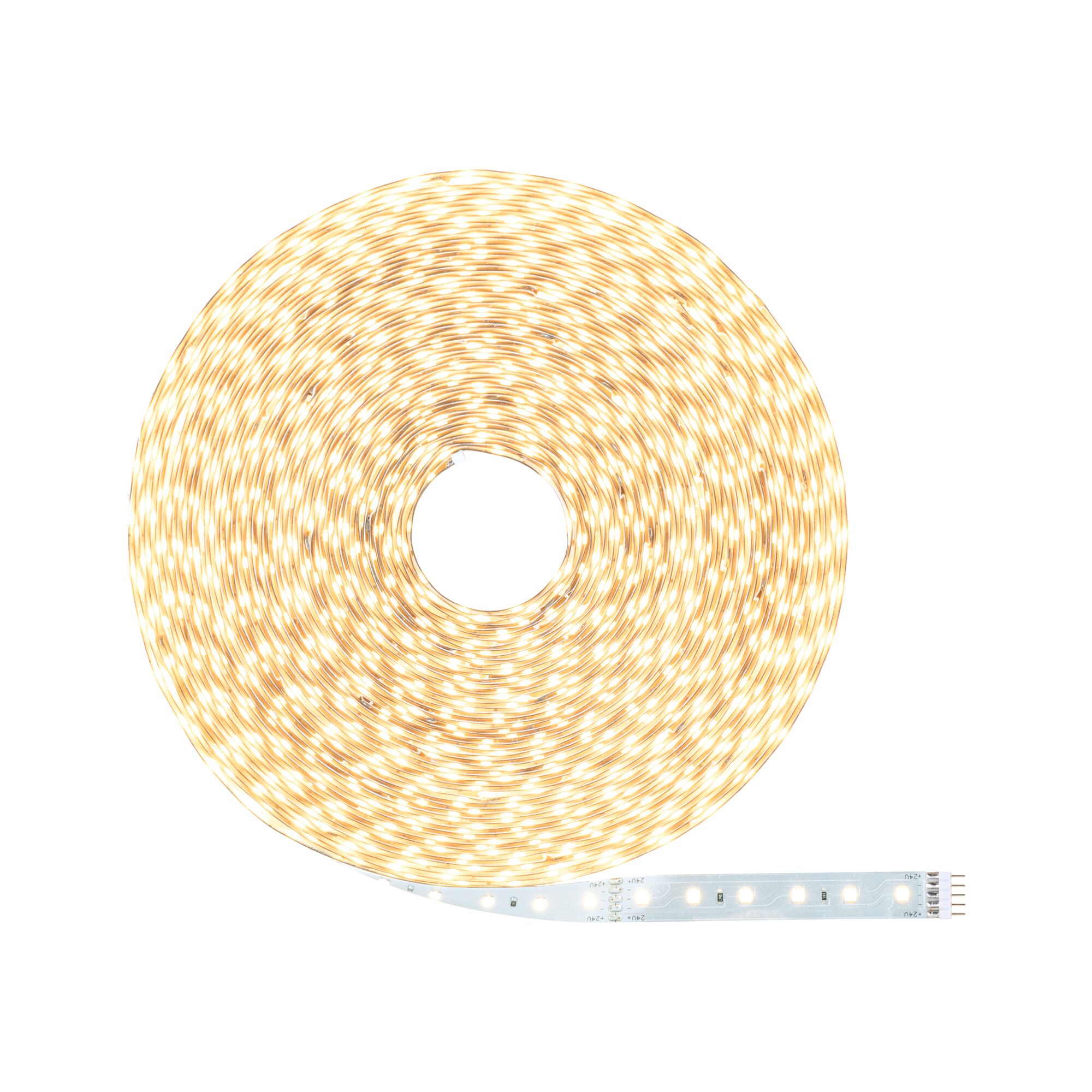 Bande LED flexible blanc chaud sur support blanc, idéale pour l’éclairage d’ambiance intérieure