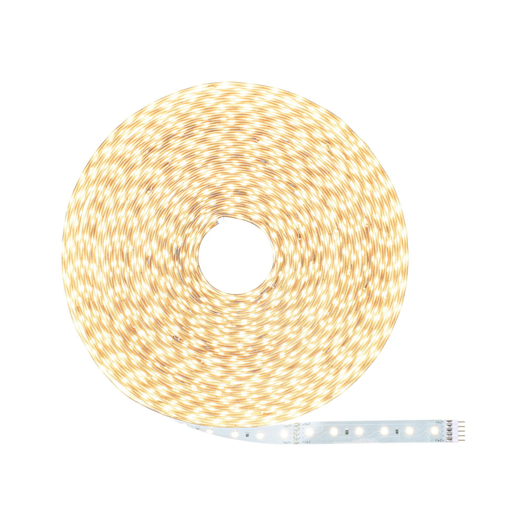 Bande LED flexible blanc chaud sur support blanc, idéale pour l’éclairage d’ambiance intérieure