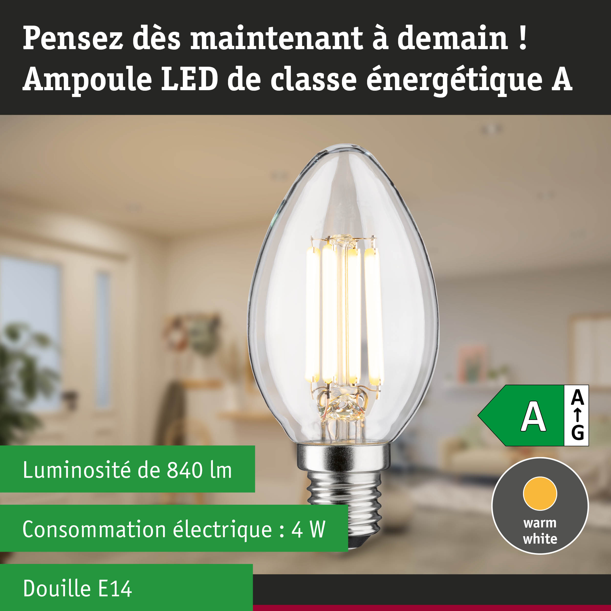 Ampoule LED claire en forme de bougie avec lumière blanc chaud et haute efficacité énergétique