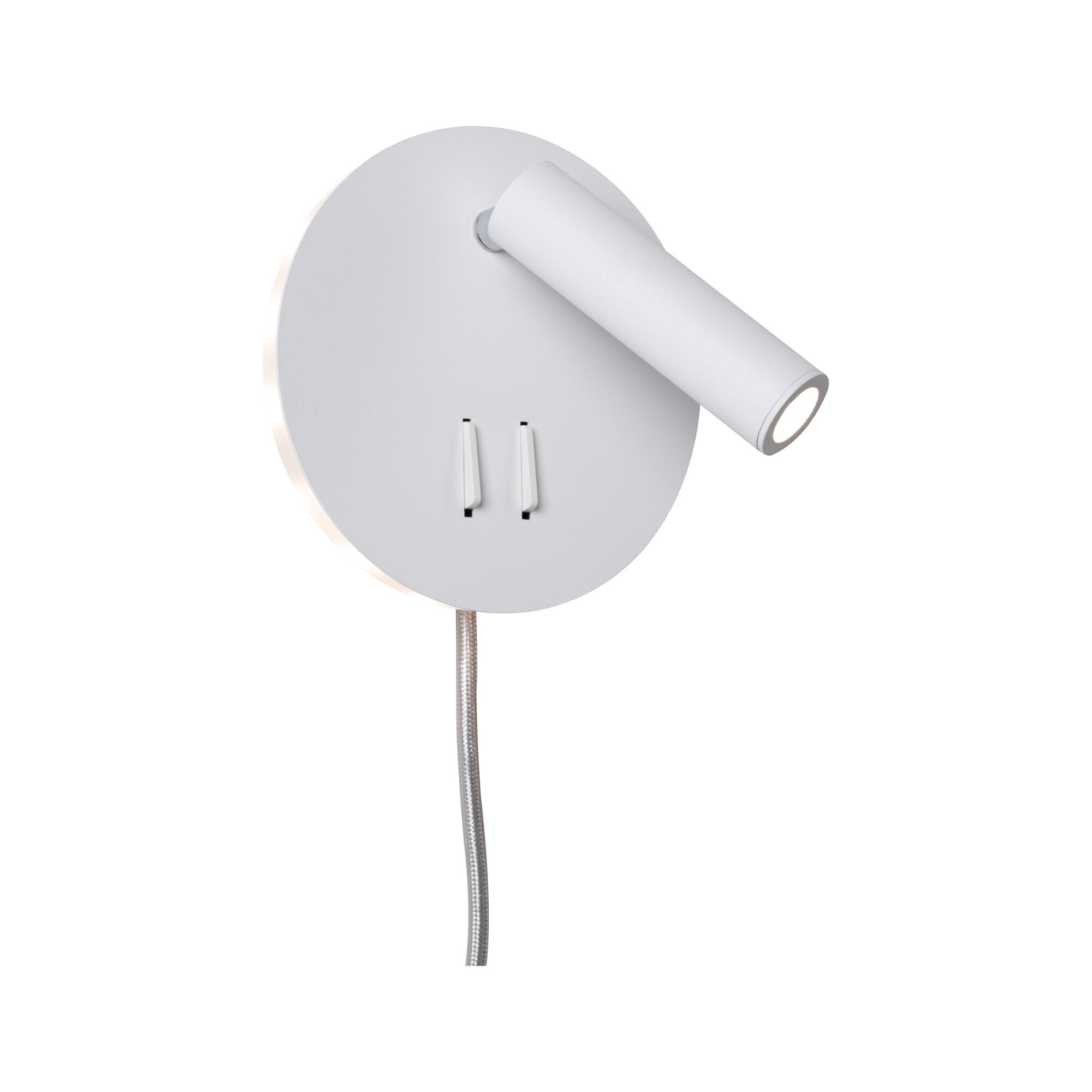 Modern white metal LED wall light with flexible reading arm and switch for living spaces