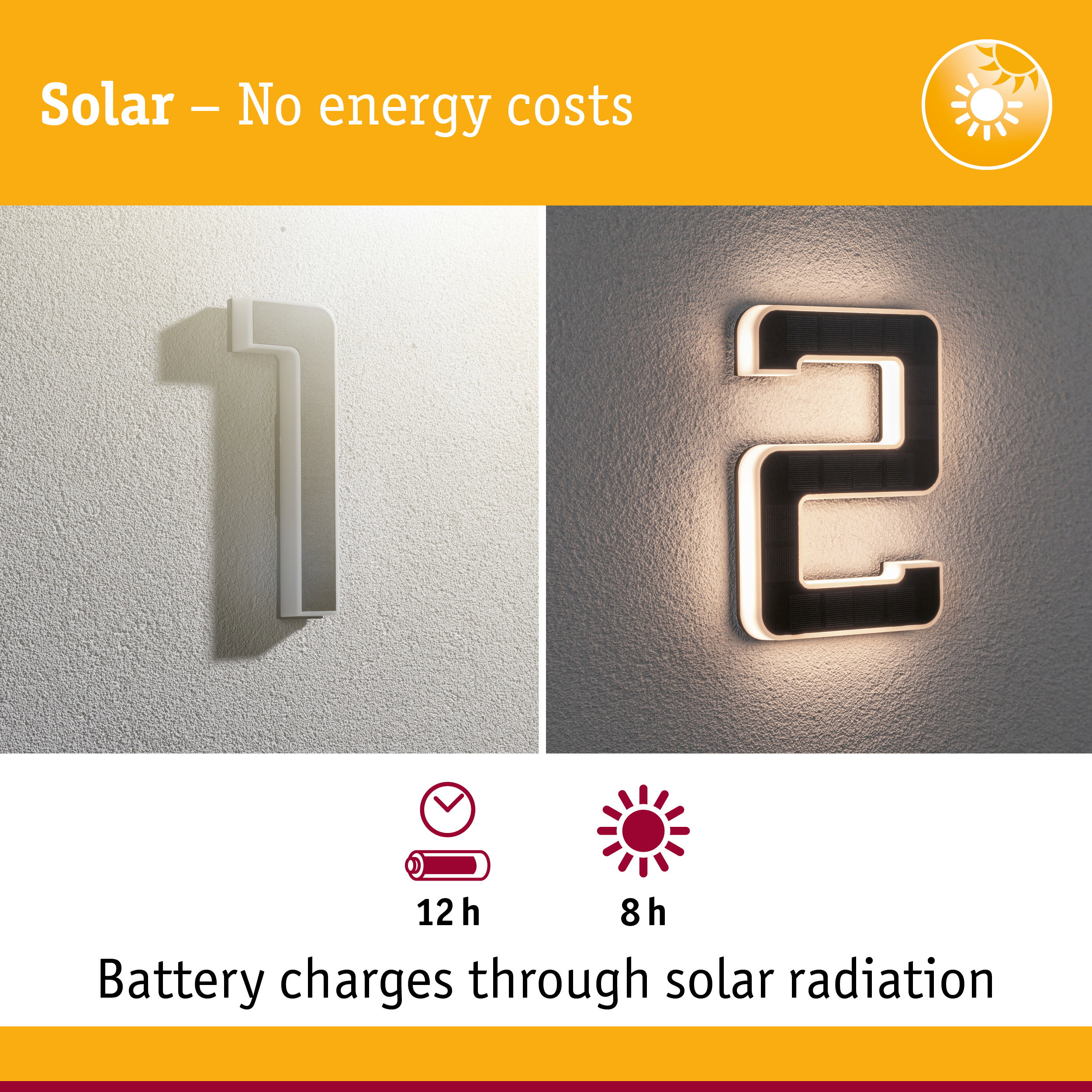Solar-powered house number light with white casing and LED illumination for energy-saving outdoor lighting