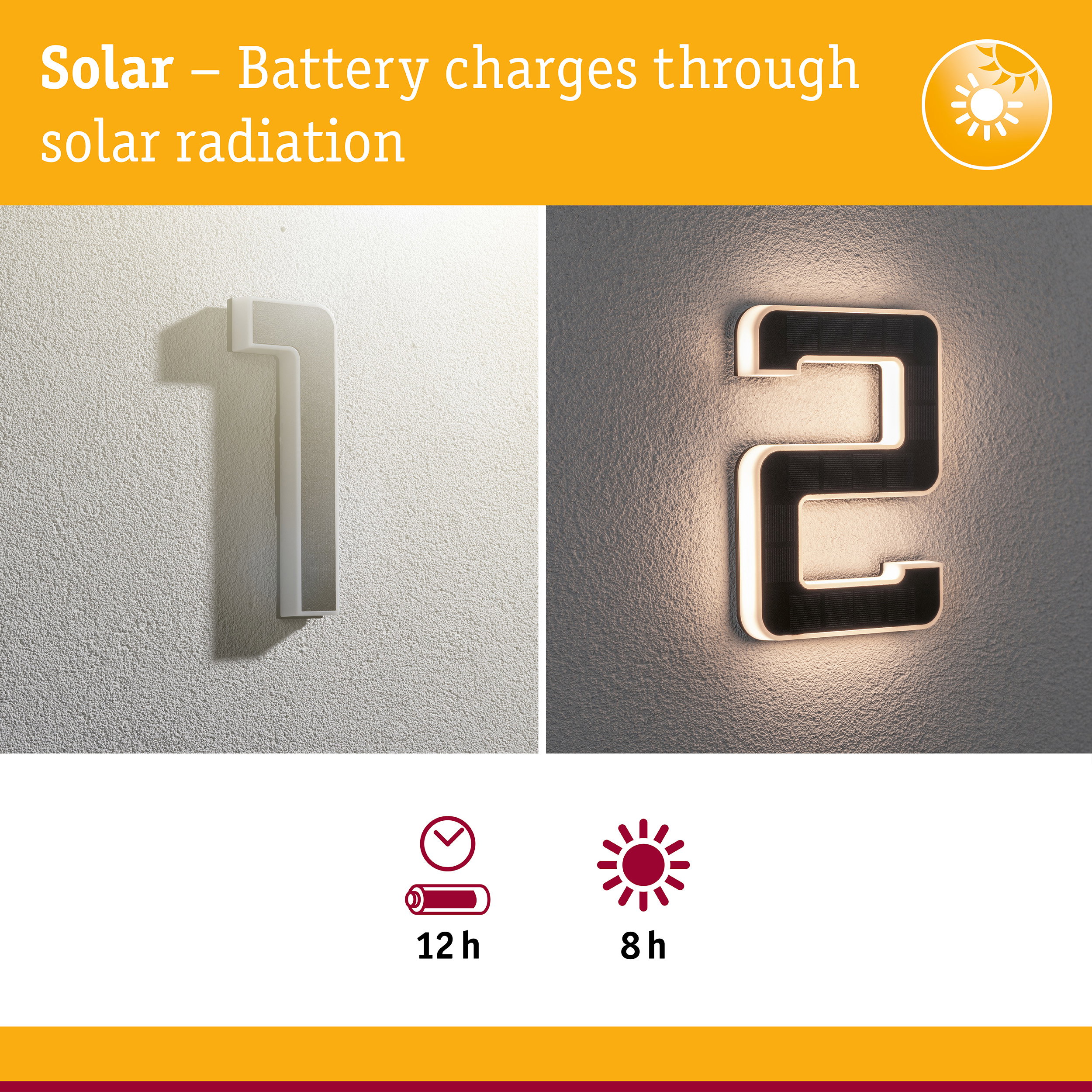 Solar-powered house number light with white casing and LED illumination for energy-saving outdoor lighting