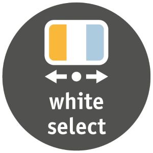 Symbol für White Select mit zwei Farboptionen in Gelb und Blau auf grauem Hintergrund