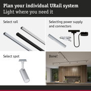 Modular URail rail system with black and white aluminium rails for flexible LED lighting setup.