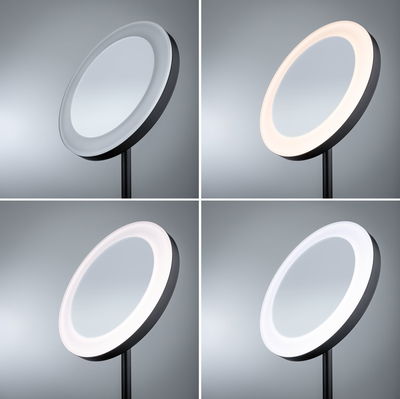 Four views of a round LED mirror with black frame and adjustable light color for living spaces