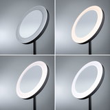 Fire visninger af et rundt LED-spejl med sort ramme og justerbar lysfarve til opholdsrum