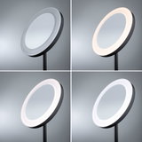 Four views of a round LED mirror with black frame and adjustable light color for living spaces