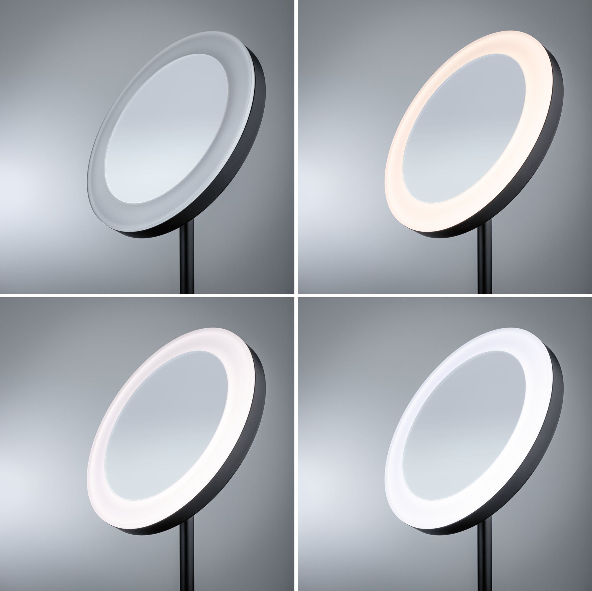 Vier Ansichten eines runden LED-Spiegels mit schwarzem Rahmen und variabler Lichtfarbe für Wohnräume