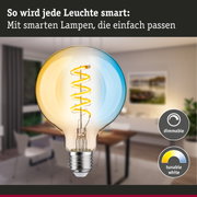 Glühbirne mit spiralförmigem LED-Filament in warmweiß, dimmbar und tunable white für smarte Beleuchtung