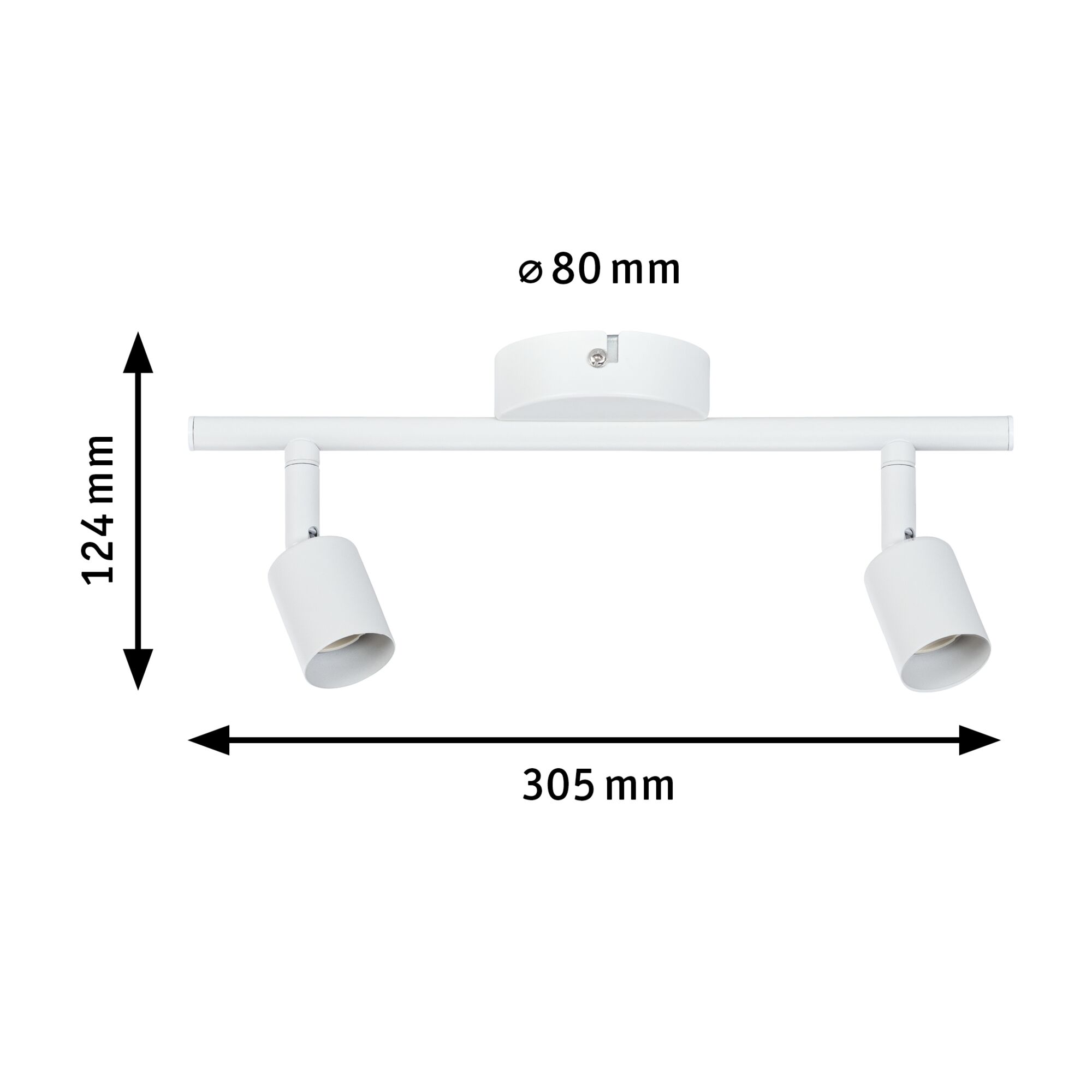 Witte metalen plafondspot met twee verstelbare lampen, afmetingen 305x124 mm, moderne LED-verlichting
