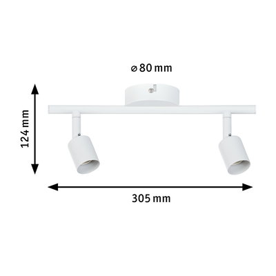 Witte metalen plafondspot met twee verstelbare lampen, afmetingen 305x124 mm, moderne LED-verlichting