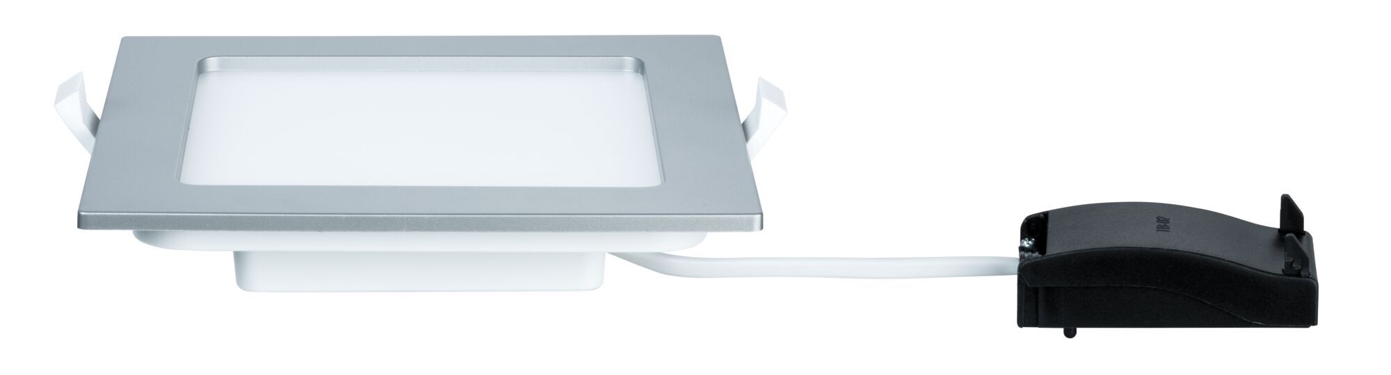 Rechthoekige LED-inbouwspot van zilverkleurig aluminium met witte diffuser en zwarte driver