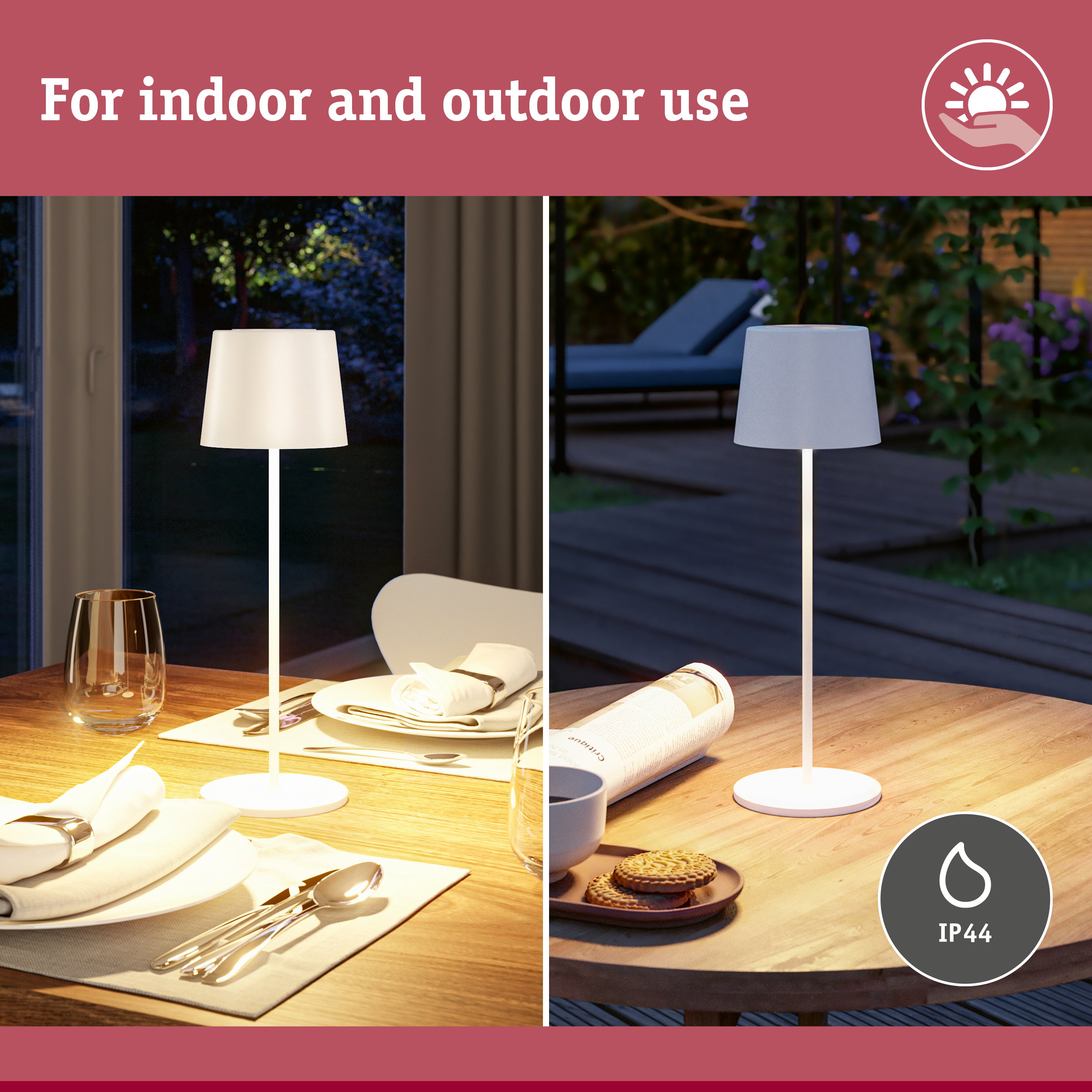White table lamp with simple design for indoor and outdoor use featuring IP44 protection.