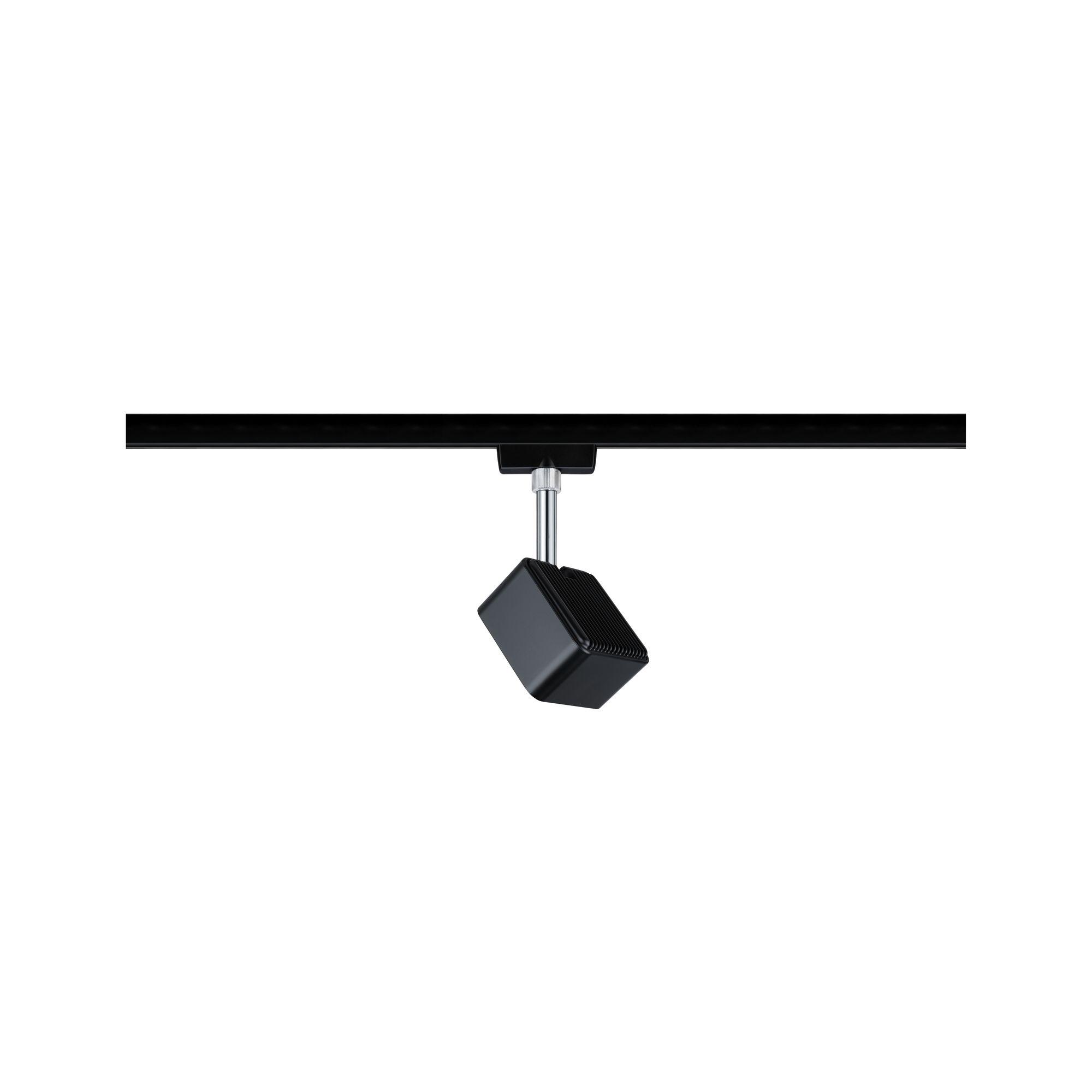 Black square metal LED spotlight on black track for modern indoor lighting solutions