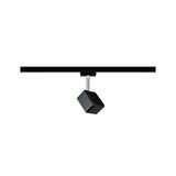 Black square metal LED spotlight on black track for modern indoor lighting solutions
