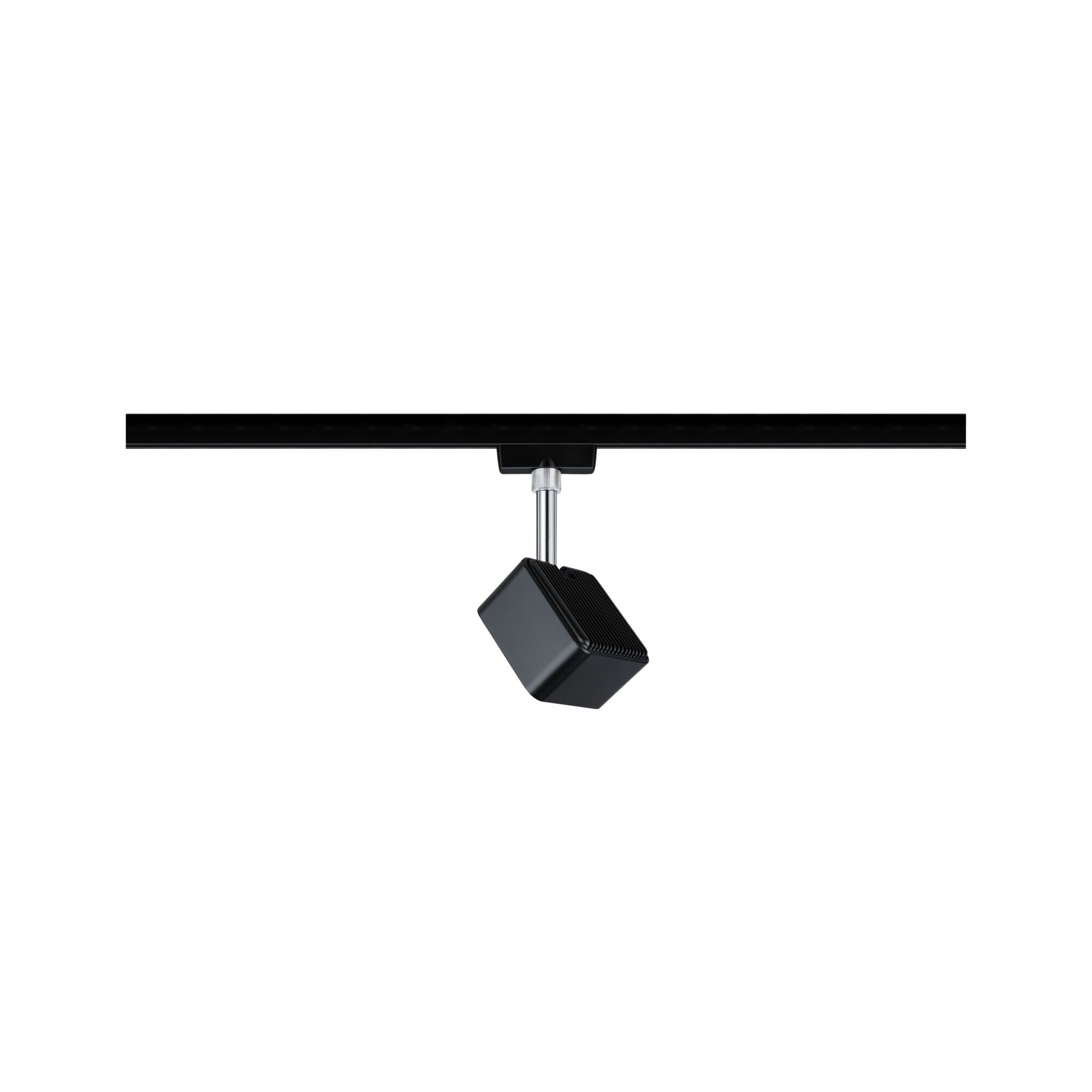 Schwarzer quadratischer LED-Strahler aus Metall an schwarzer Schiene für moderne Innenbeleuchtung