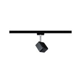 Schwarzer quadratischer LED-Strahler aus Metall an schwarzer Schiene für moderne Innenbeleuchtung
