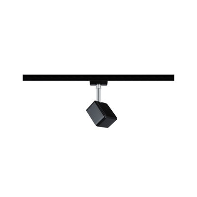 Schwarzer quadratischer LED-Strahler aus Metall an schwarzer Schiene für moderne Innenbeleuchtung
