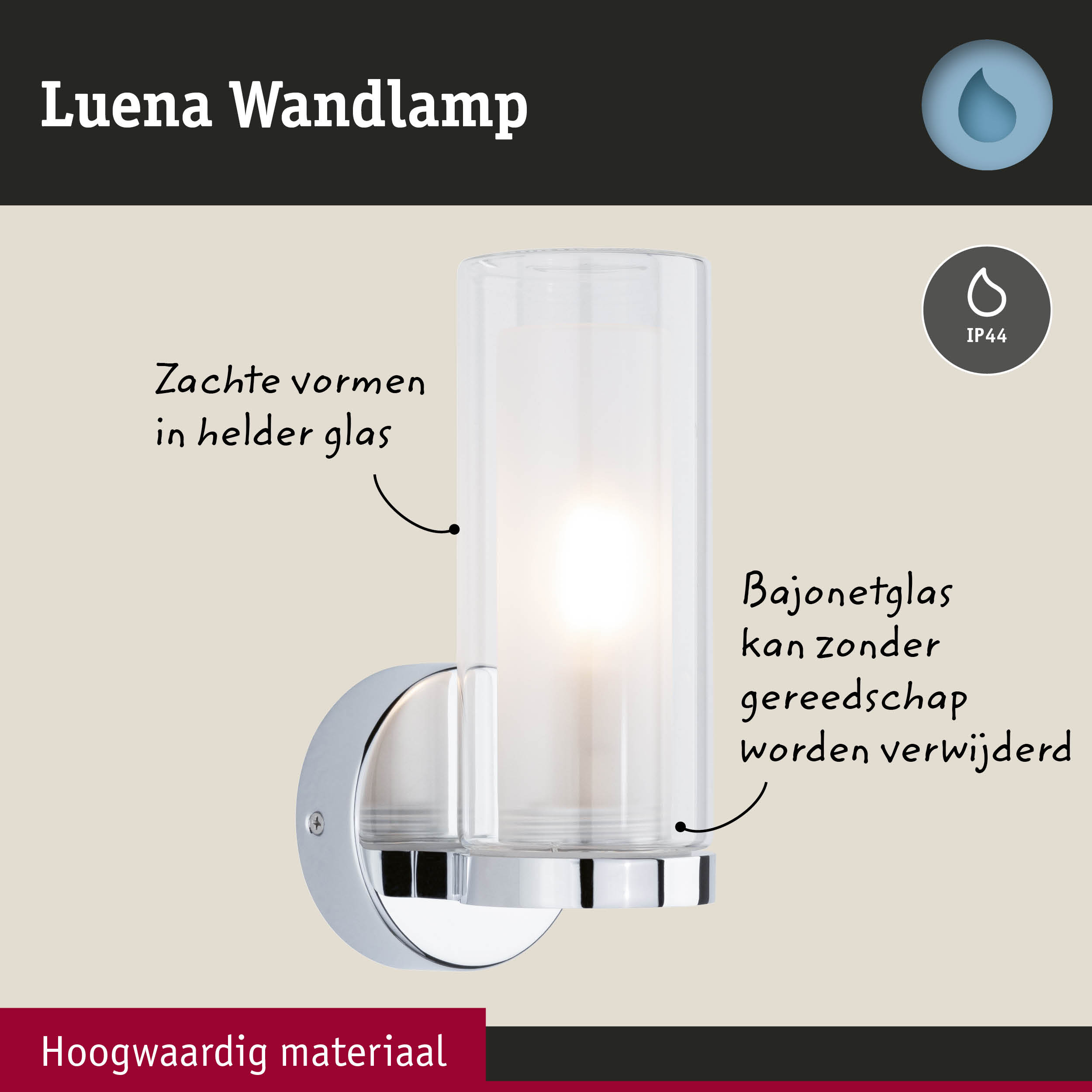Luena wandlamp van helder glas met chromen houder, IP44 bescherming voor badkamerverlichting