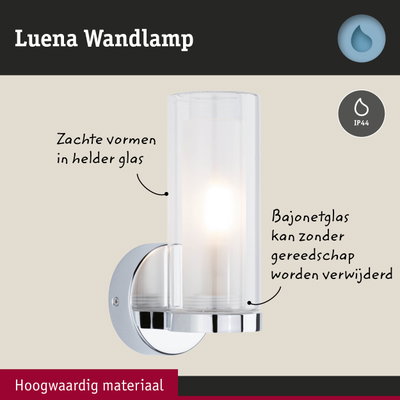 Luena wandlamp van helder glas met chromen houder, IP44 bescherming voor badkamerverlichting